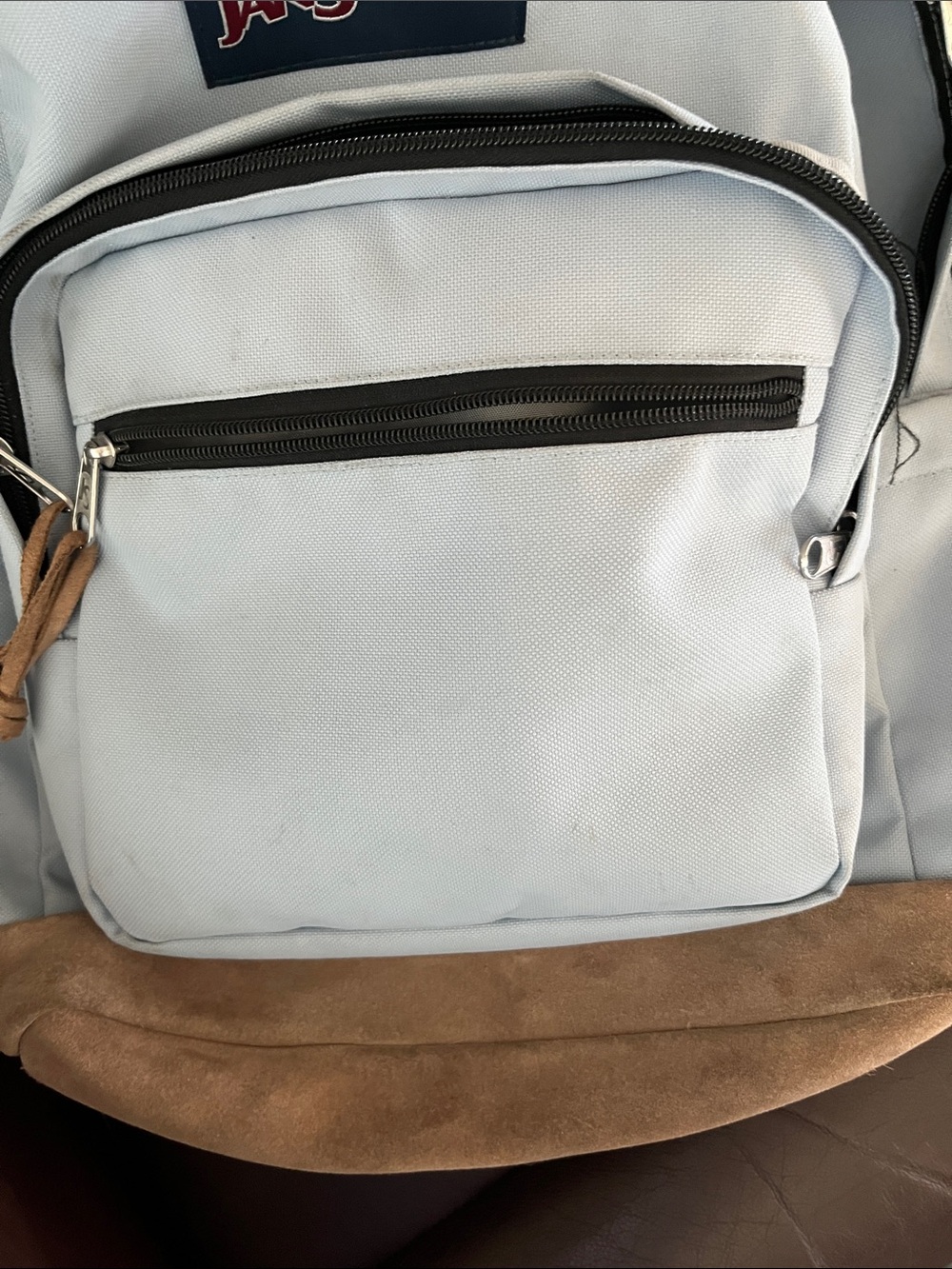 Jansport Light blue Backpack with Tan Suede Base and Black Trim needs zipper fix - Picture 6 of 7